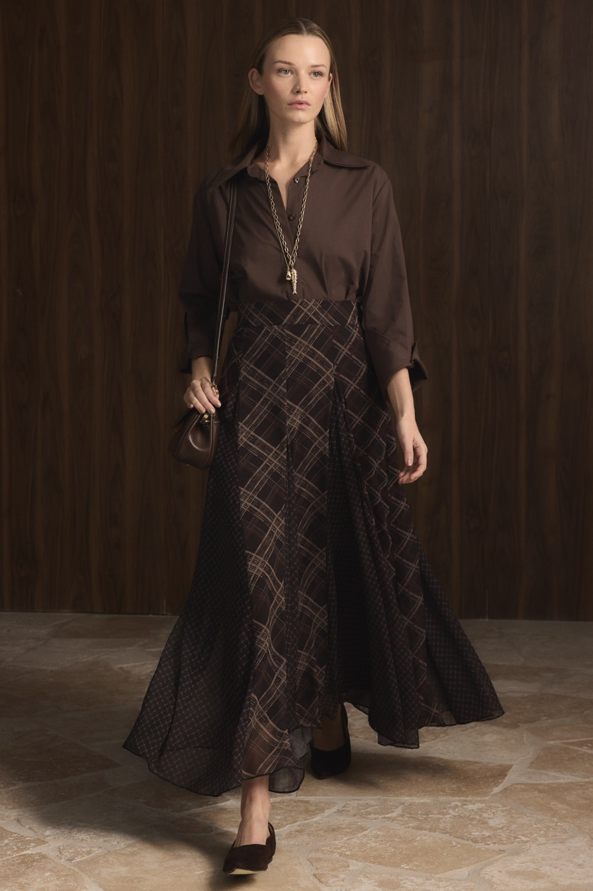 Ekose Şifon Baskılı Etek - Kahve