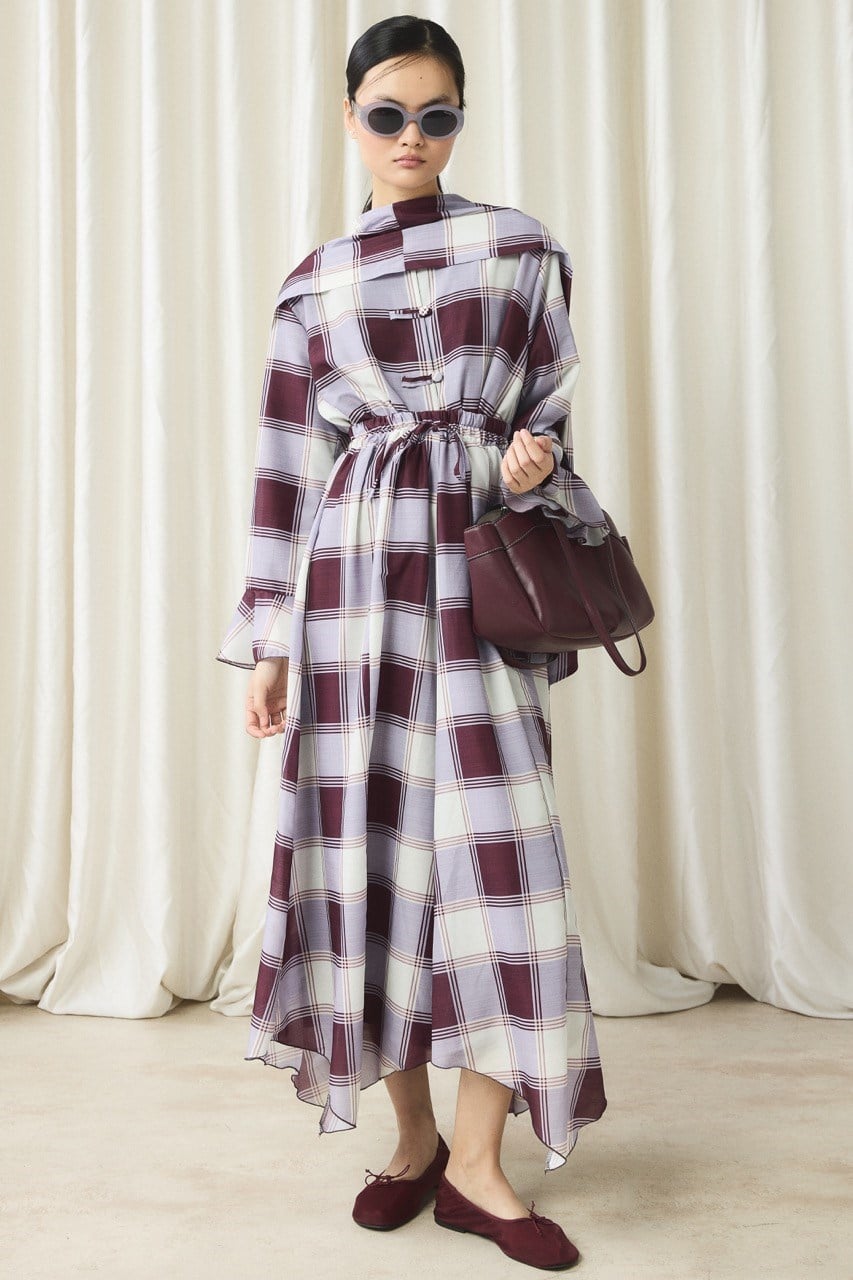 Ekose Yaka Detay Vual Etek Takım - Bordo