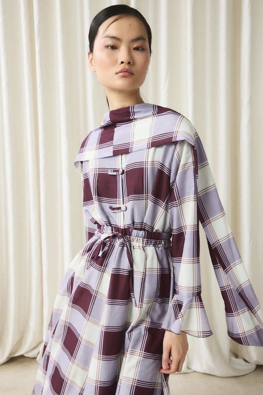 Ekose Yaka Detay Vual Etek Takım - Bordo