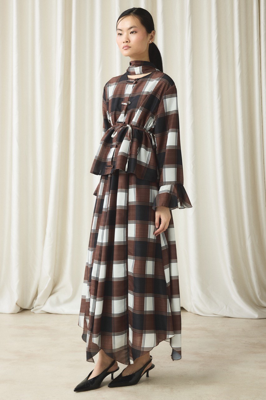 Ekose Yaka Detay Vual Etek Takım - Kahve