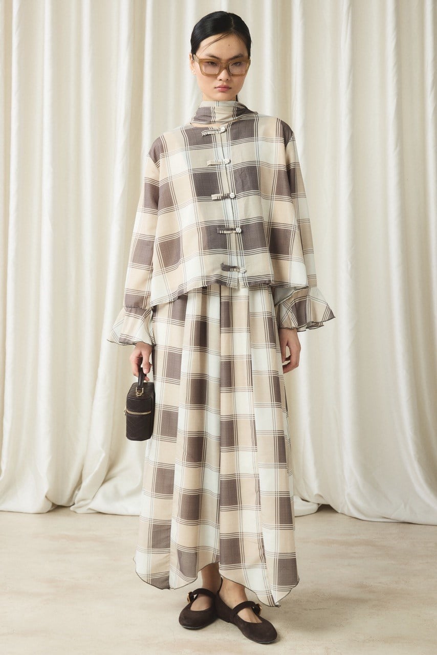 Ekose Yaka Detay Vual Etek Takım - toprak