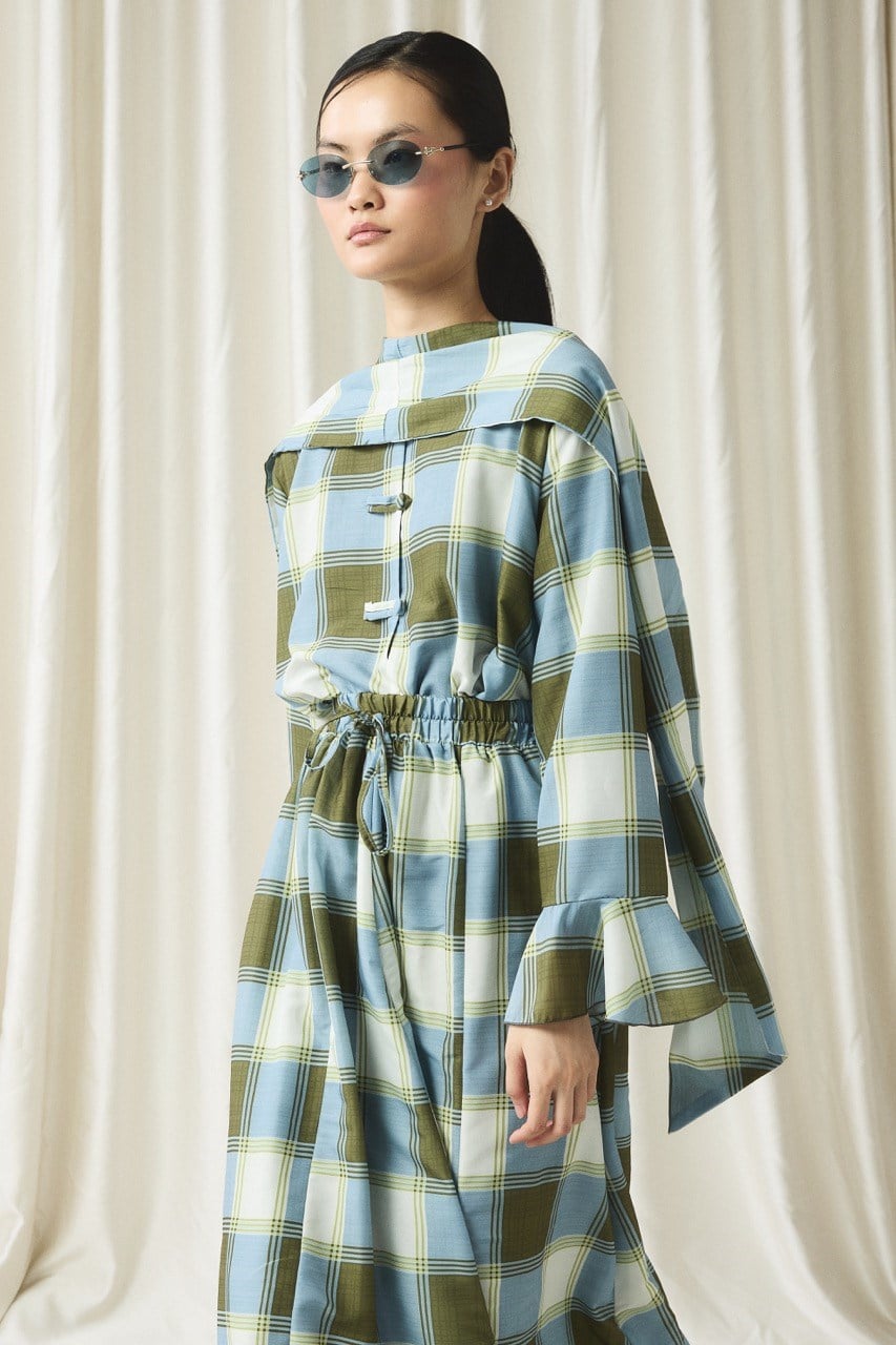 Ekose Yaka Detay Vual Etek Takım - Yeşil