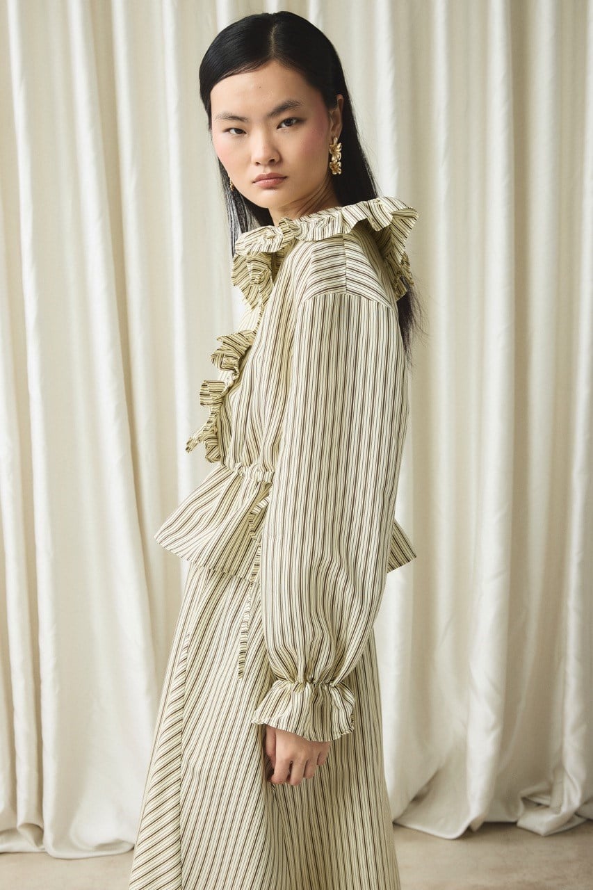 Fırfır Detaylı Çizgili Takım - Sarı