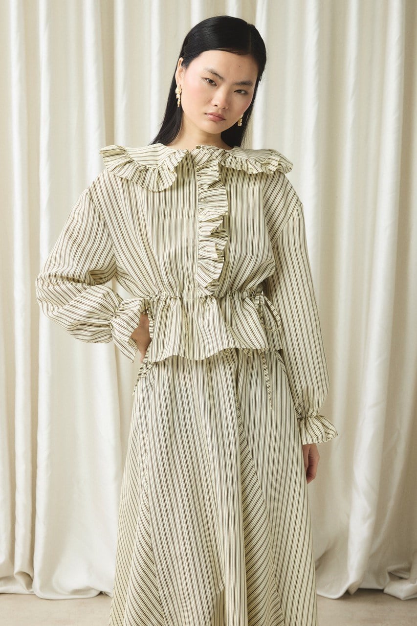 Fırfır Detaylı Çizgili Takım - Sarı