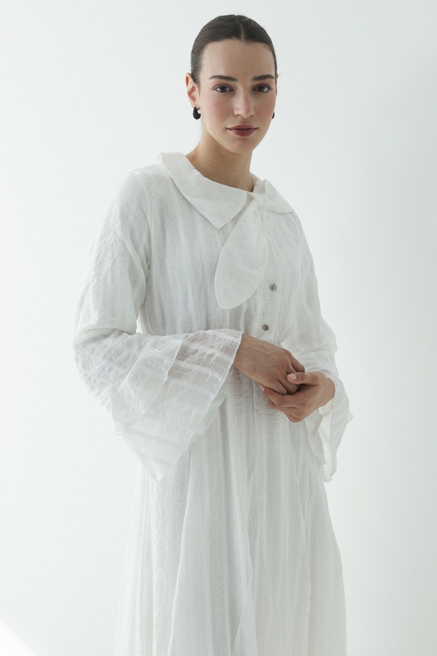 Fiyonk Detay Çizgili Astarlı Elbise - Ekru