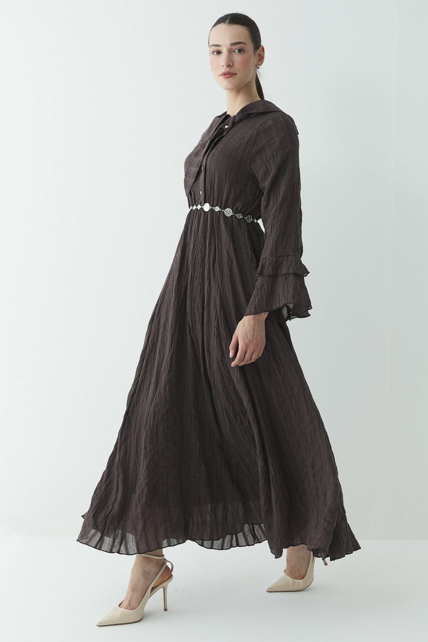 Fiyonk Detay Çizgili Astarlı Elbise - Kahve