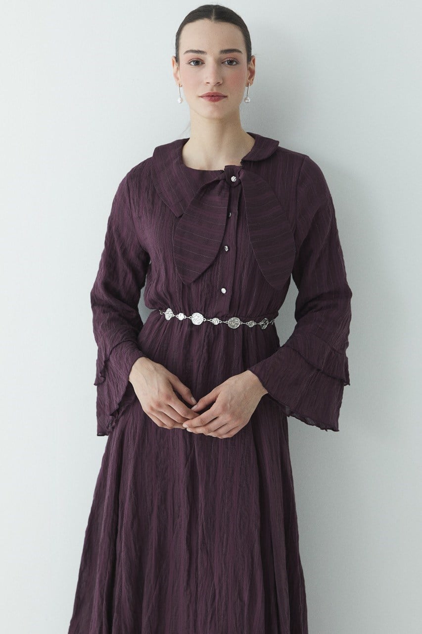 Fiyonk Detay Çizgili Astarlı Elbise - Mürdüm