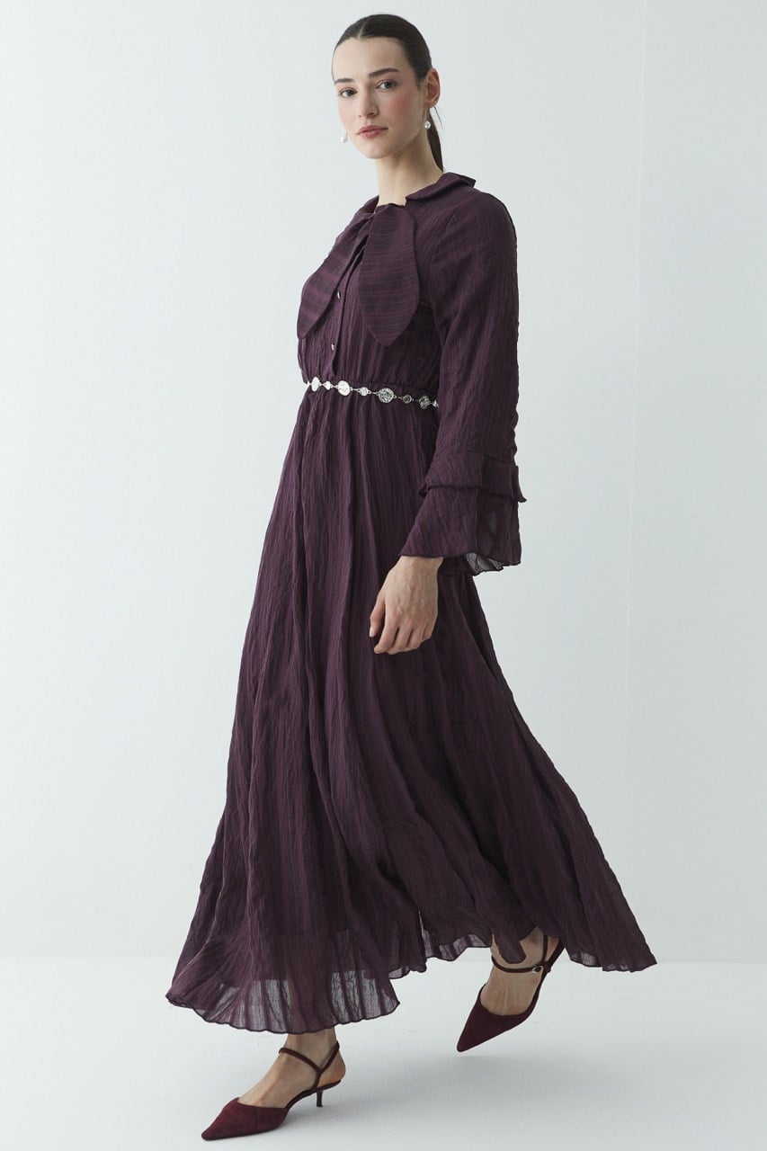 Fiyonk Detay Çizgili Astarlı Elbise - Mürdüm