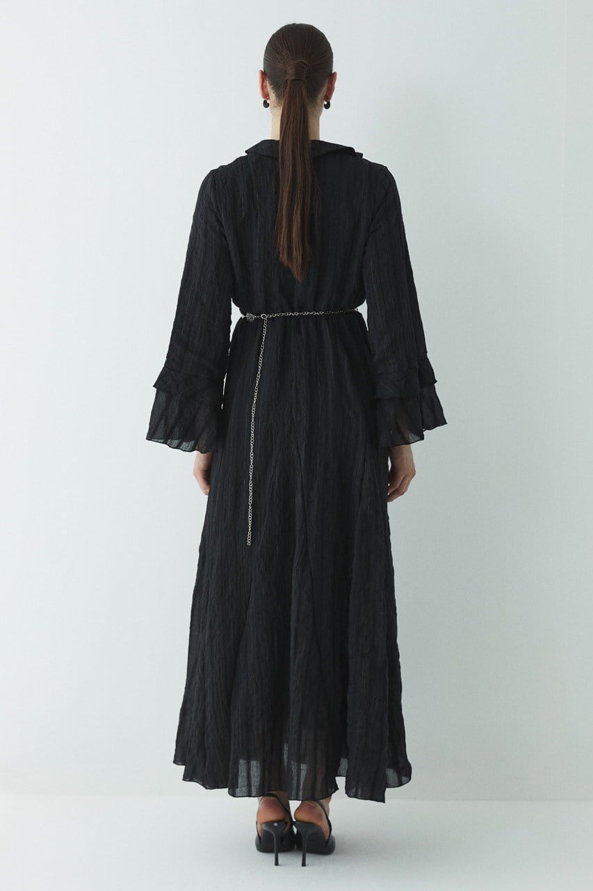 Fiyonk Detay Çizgili Astarlı Elbise - Siyah