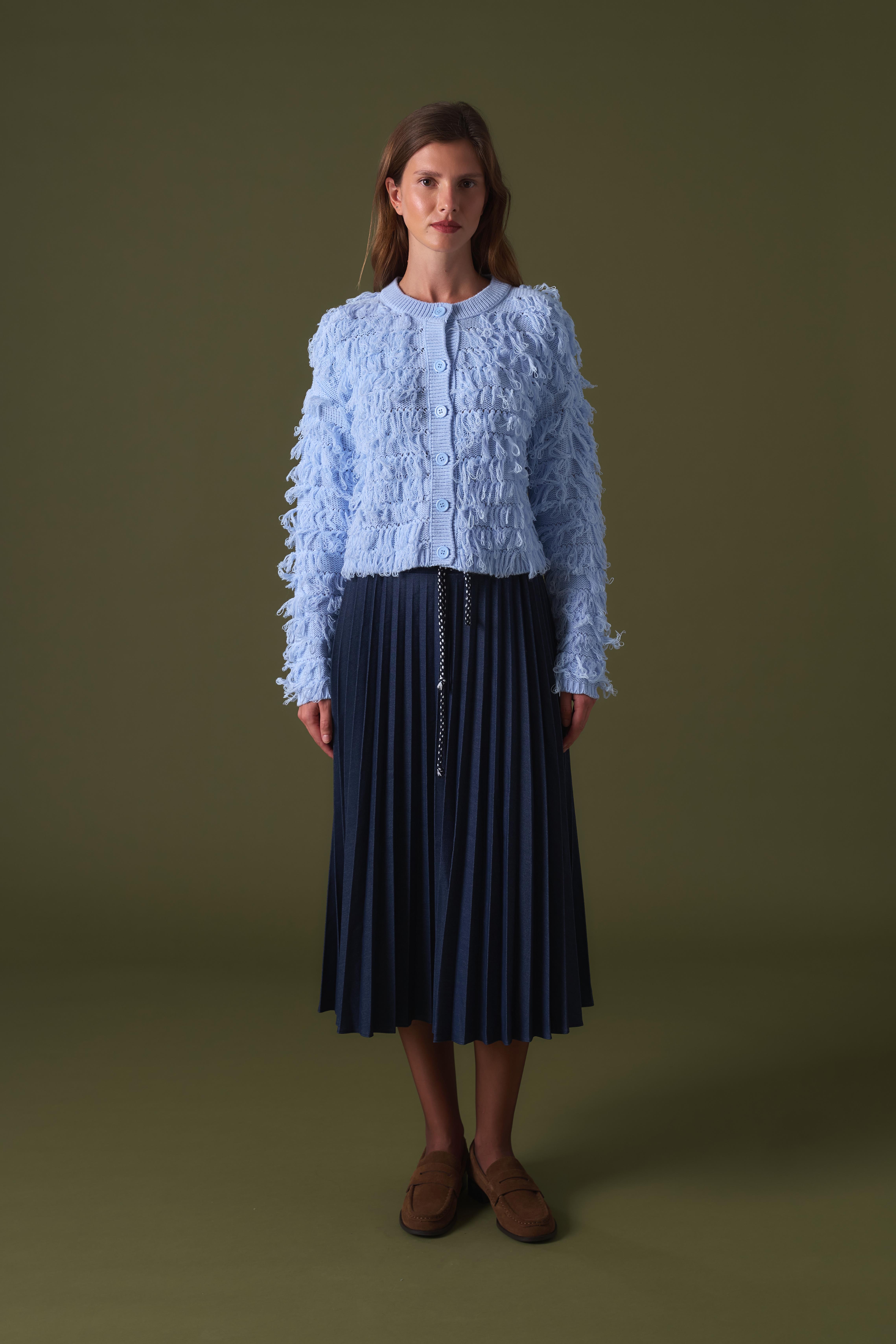Fringe Detay Triko Hırka - bebe mavisi