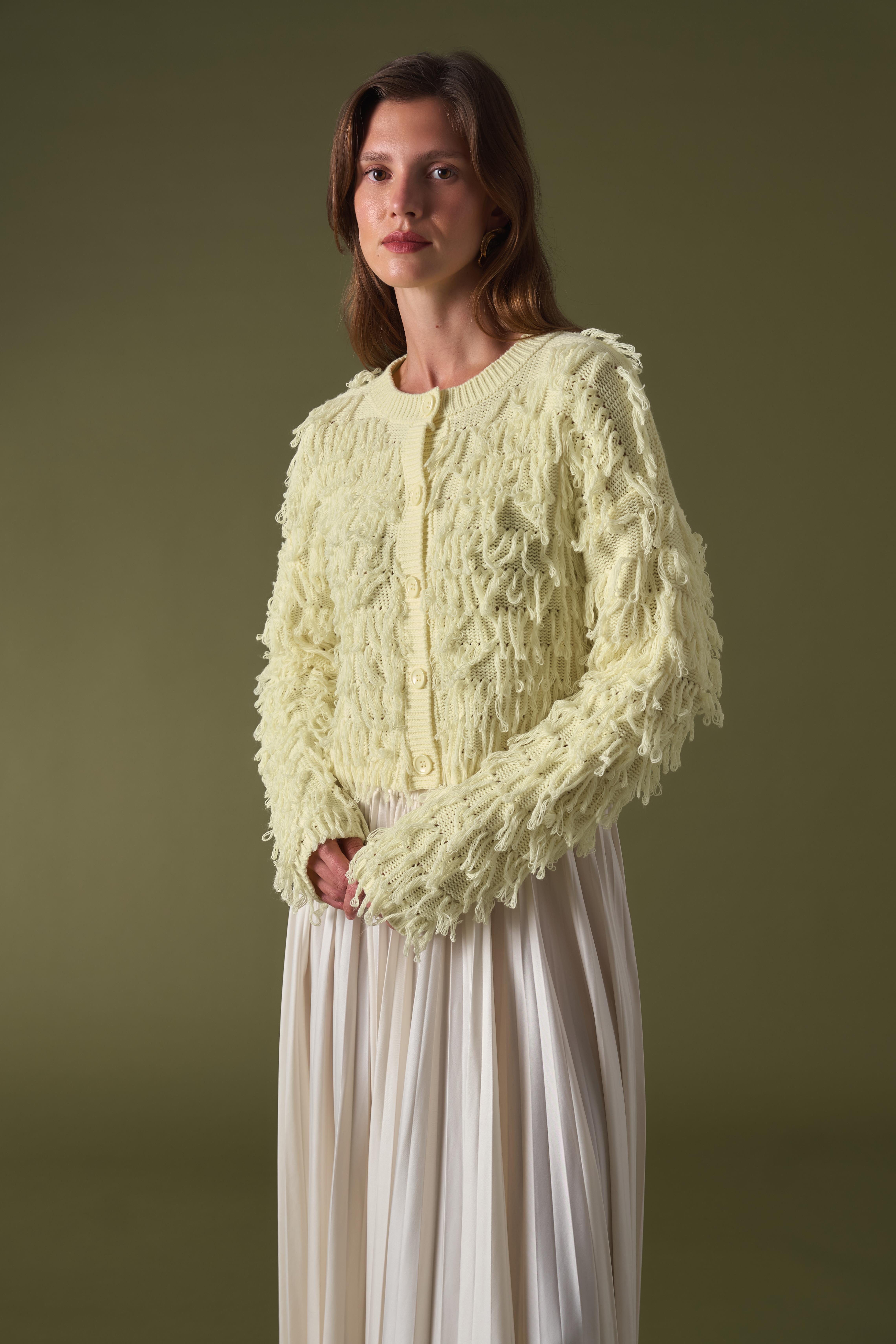 Fringe Detay Triko Hırka - Sarı