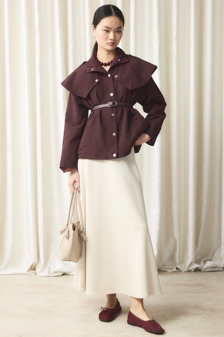 Geniş Yaka Detay Trenç - Bordo