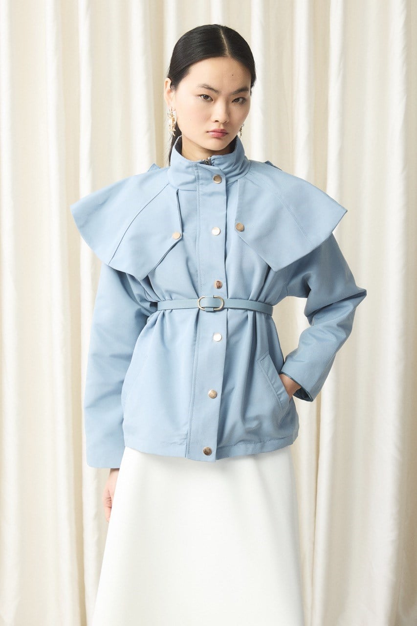 Geniş Yaka Detay Trenç - Mavi