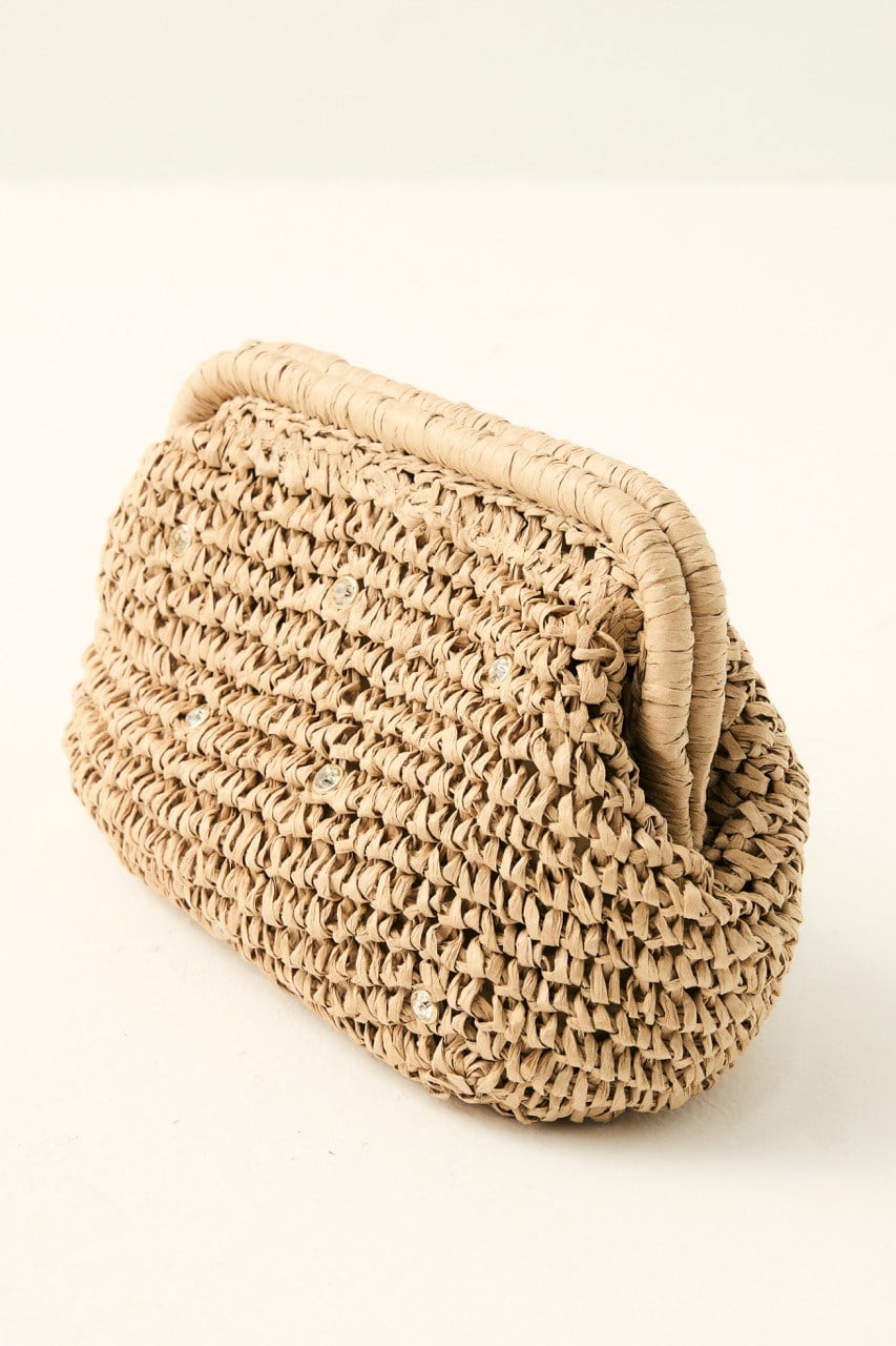 Klasik Zincir Askılı Taşlı Hasır Çanta - Camel