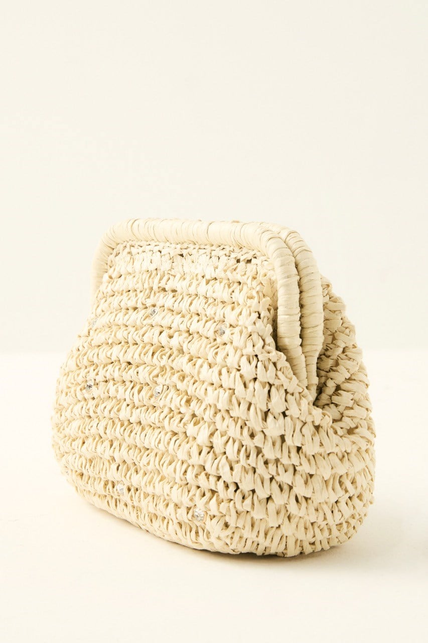 Klasik Zincir Askılı Taşlı Hasır Çanta - Bej