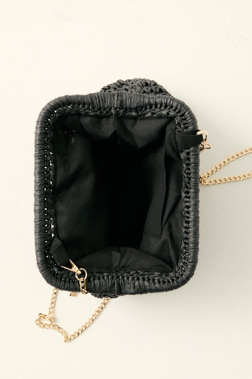 Klasik Zincir Askılı Taşlı Hasır Çanta - Siyah