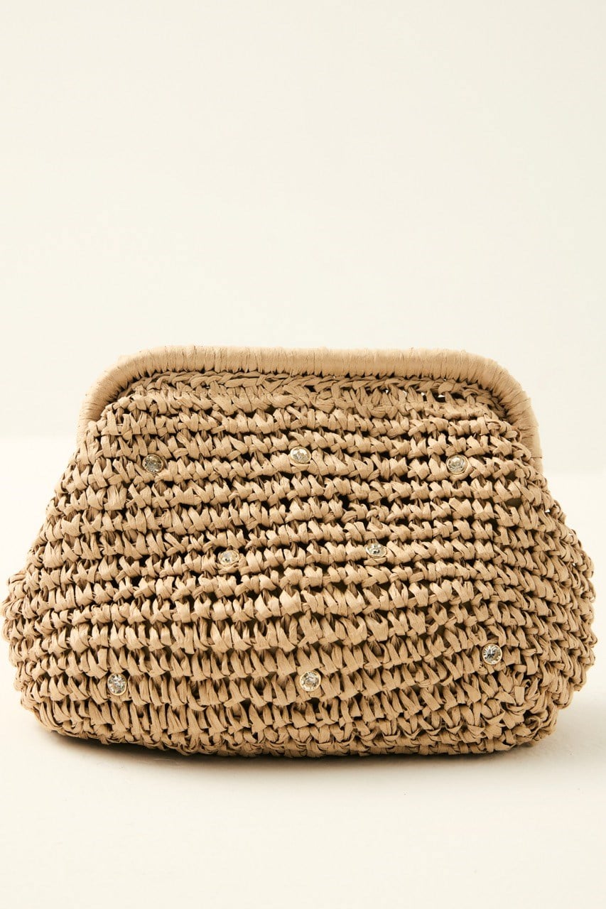 Klasik Zincir Askılı Taşlı Hasır Çanta - Camel