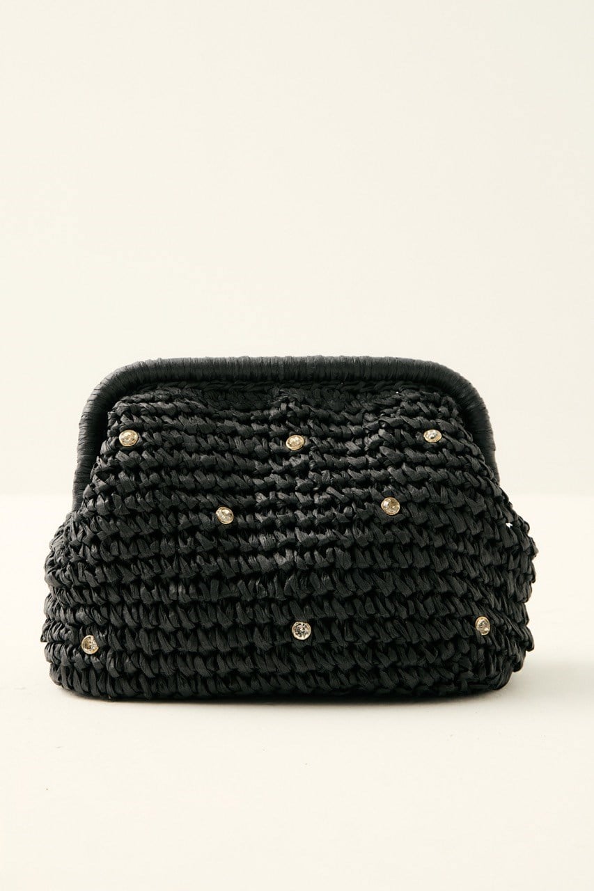 Klasik Zincir Askılı Taşlı Hasır Çanta - Siyah