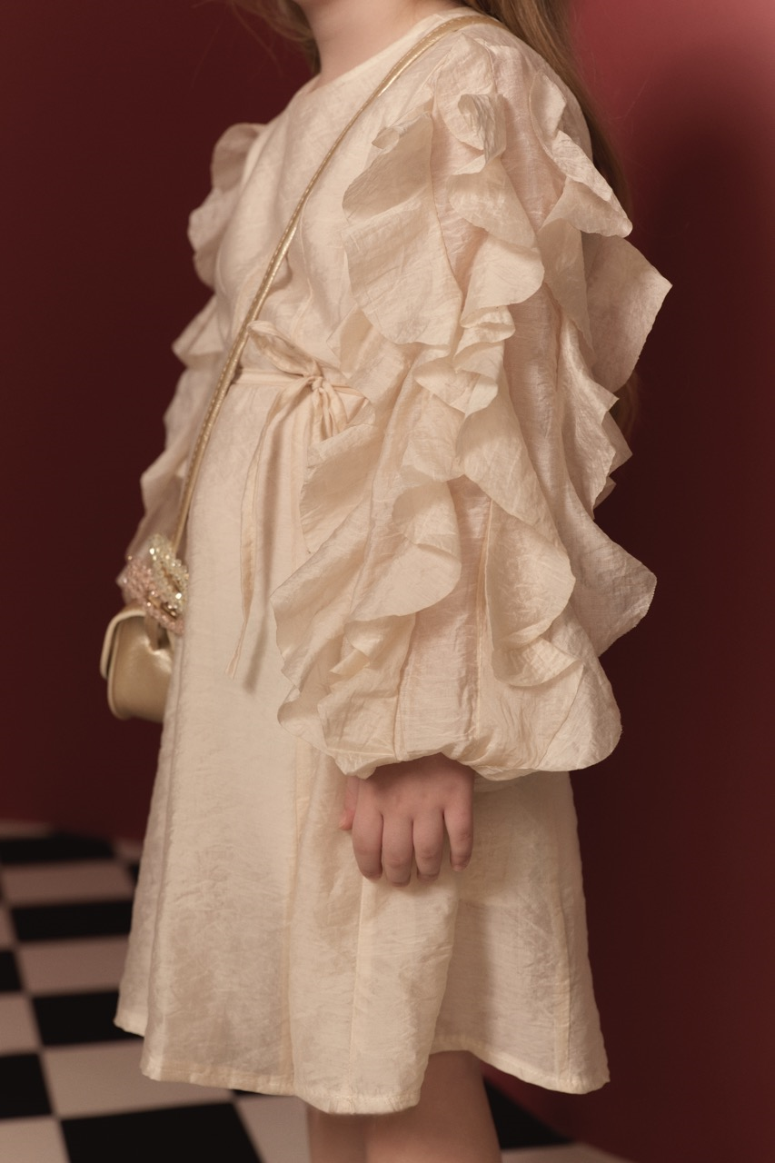 Kol Fırfırlı Pamuklu Elbise - Bej