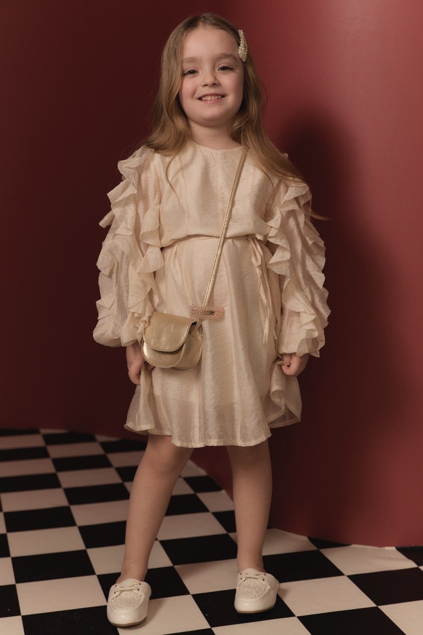 Kol Fırfırlı Pamuklu Elbise - Bej