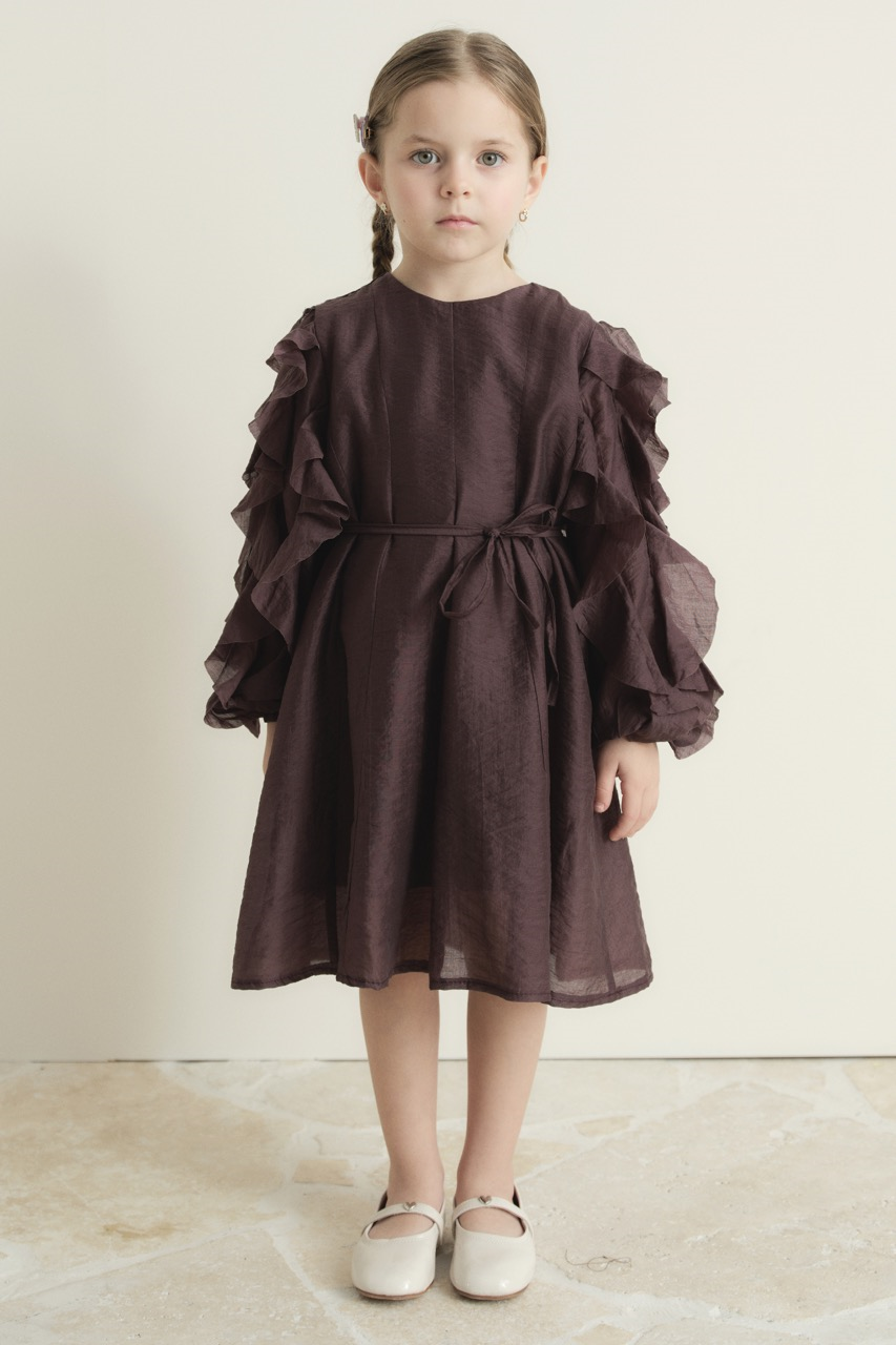 Kol Fırfırlı Pamuklu Elbise - Mürdüm