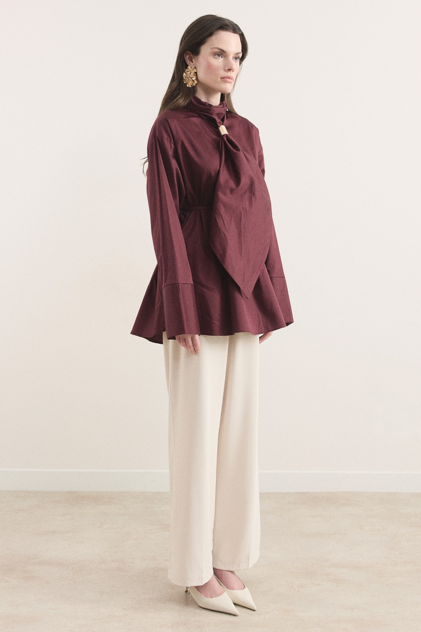 Kravat Detay Pamuk Saten Gömlek - Bordo