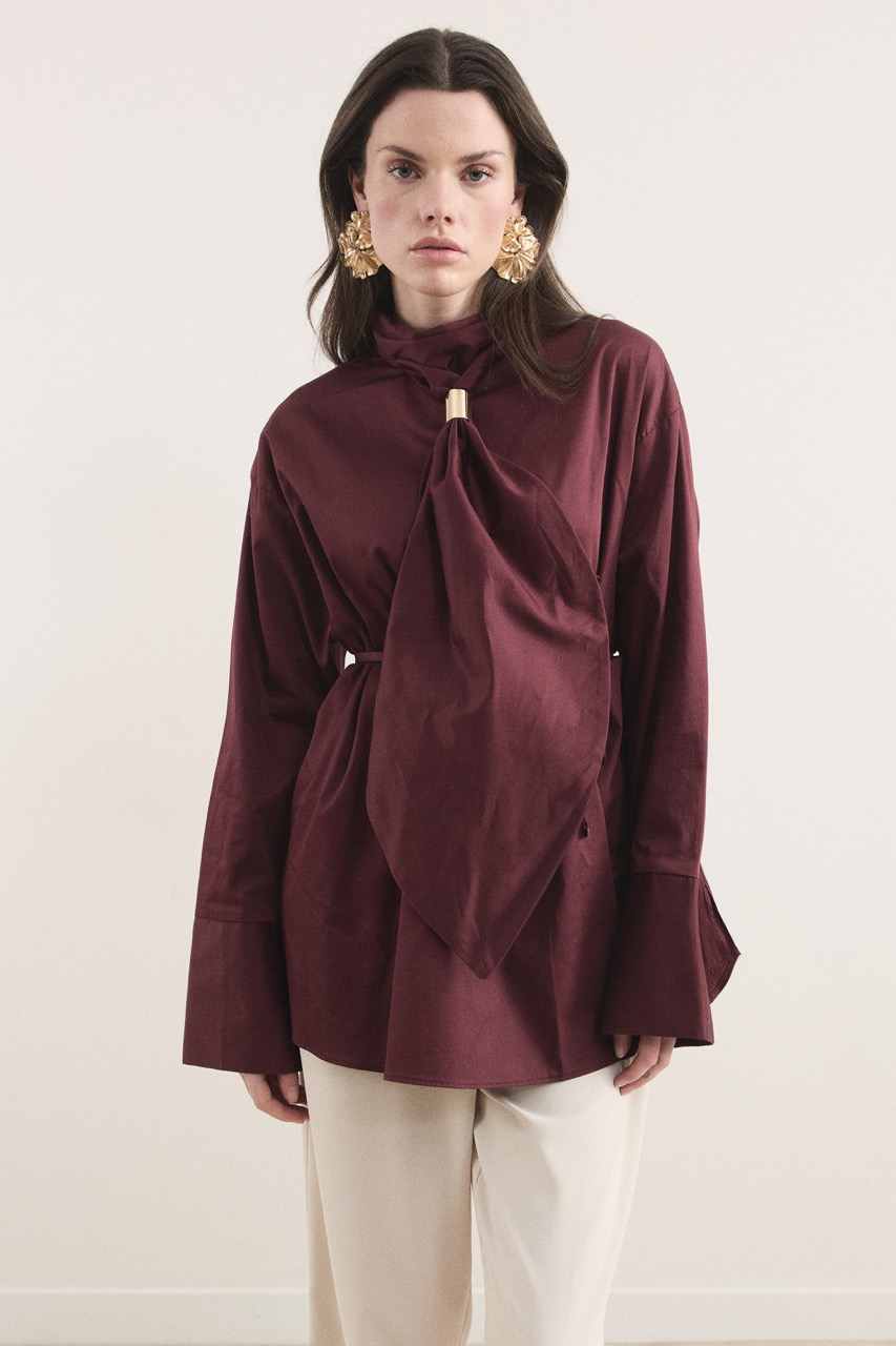 Kravat Detay Pamuk Saten Gömlek - Bordo