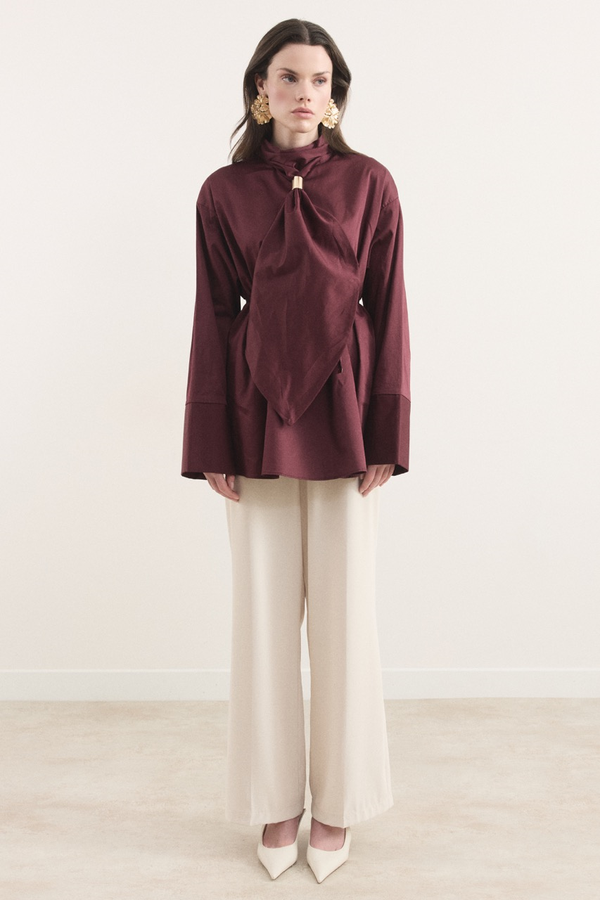 Kravat Detay Pamuk Saten Gömlek - Bordo