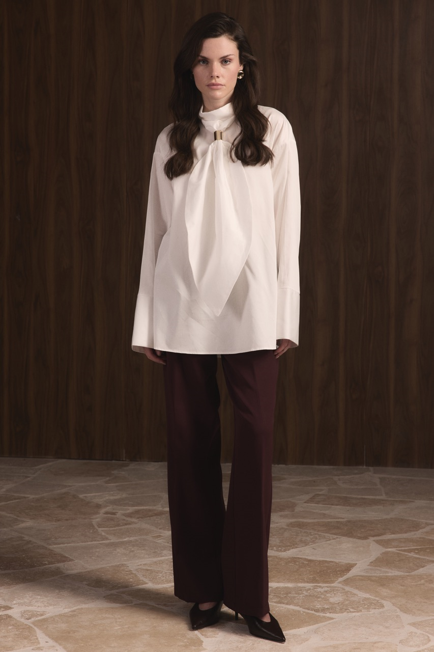 Kravat Detay Pamuk Saten Gömlek - Ekru