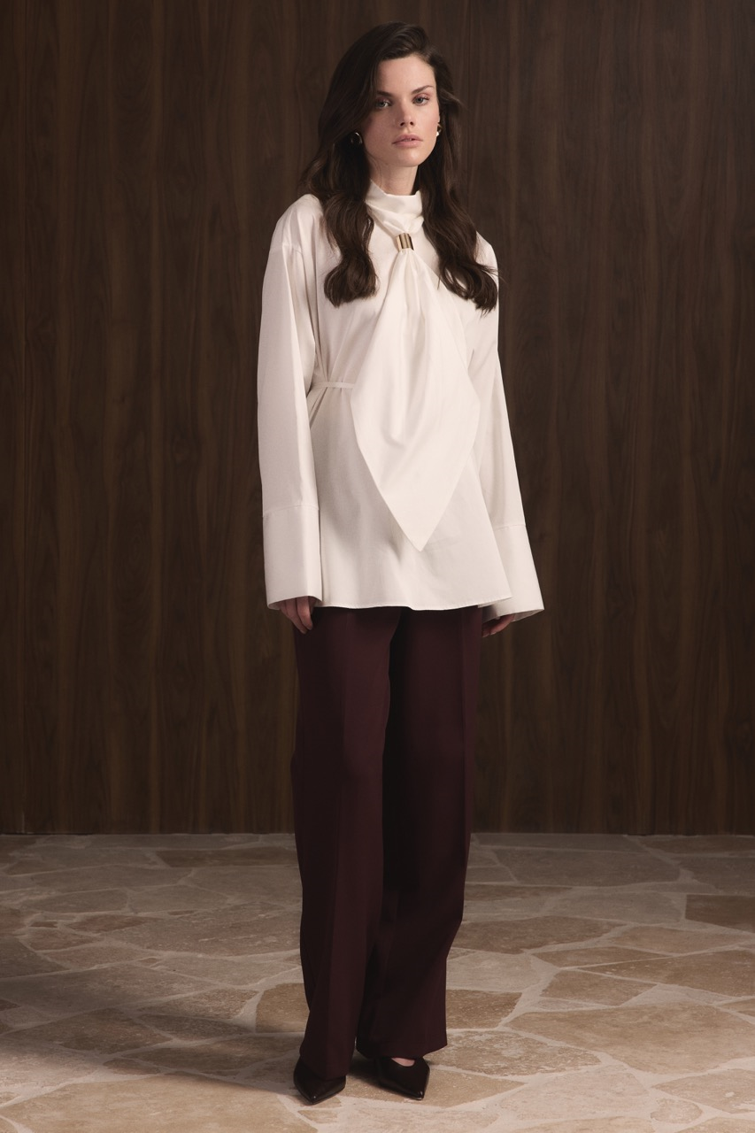 Kravat Detay Pamuk Saten Gömlek - Ekru