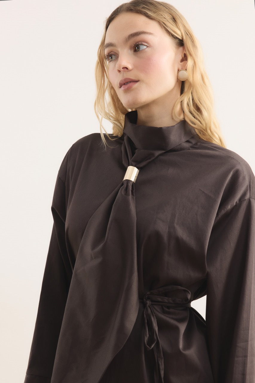 Kravat Detay Pamuk Saten Gömlek - Kahve