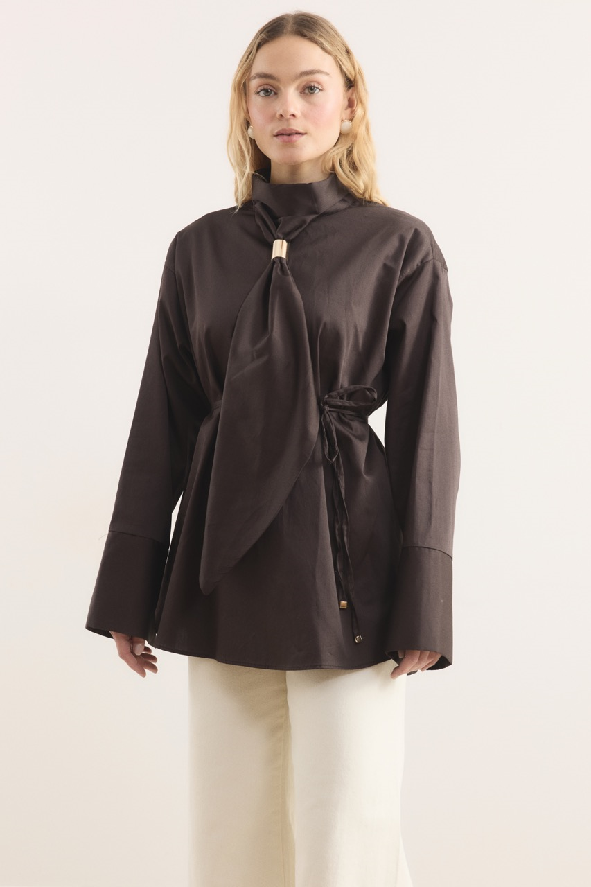 Kravat Detay Pamuk Saten Gömlek - Kahve