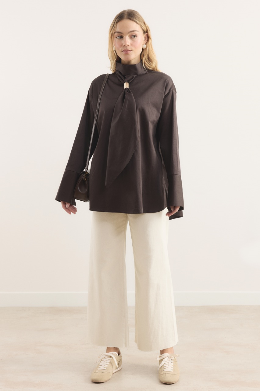 Kravat Detay Pamuk Saten Gömlek - Kahve