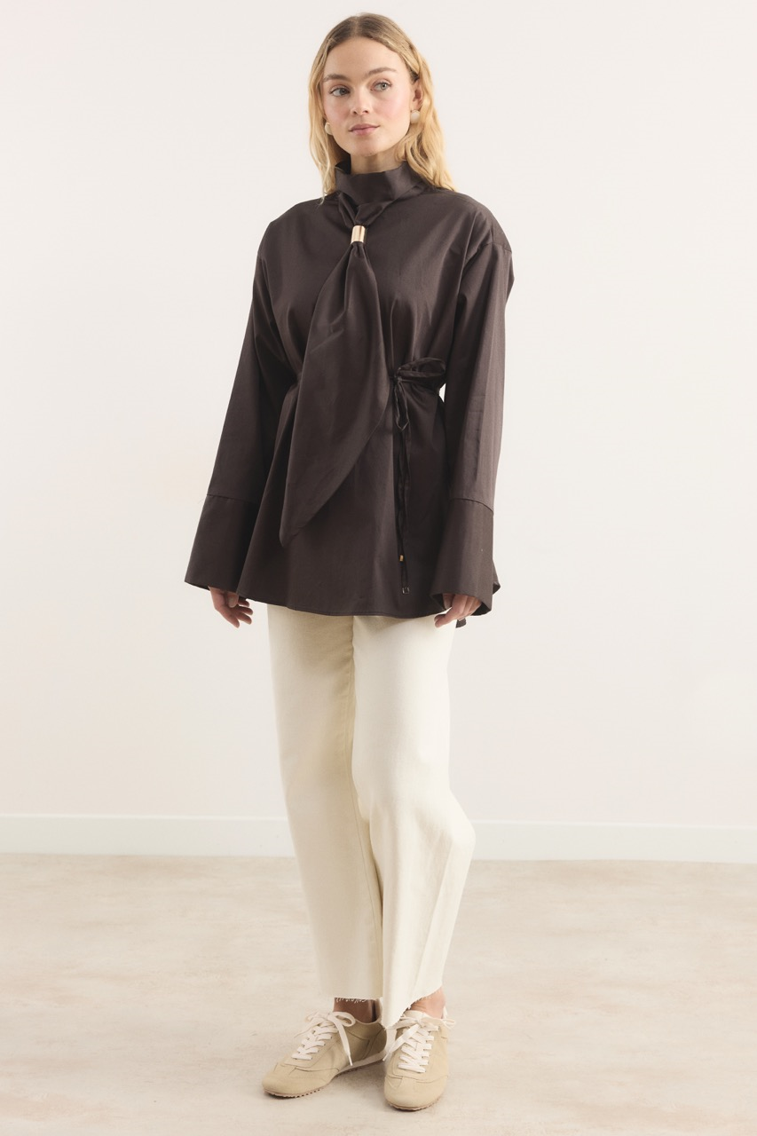 Kravat Detay Pamuk Saten Gömlek - Kahve