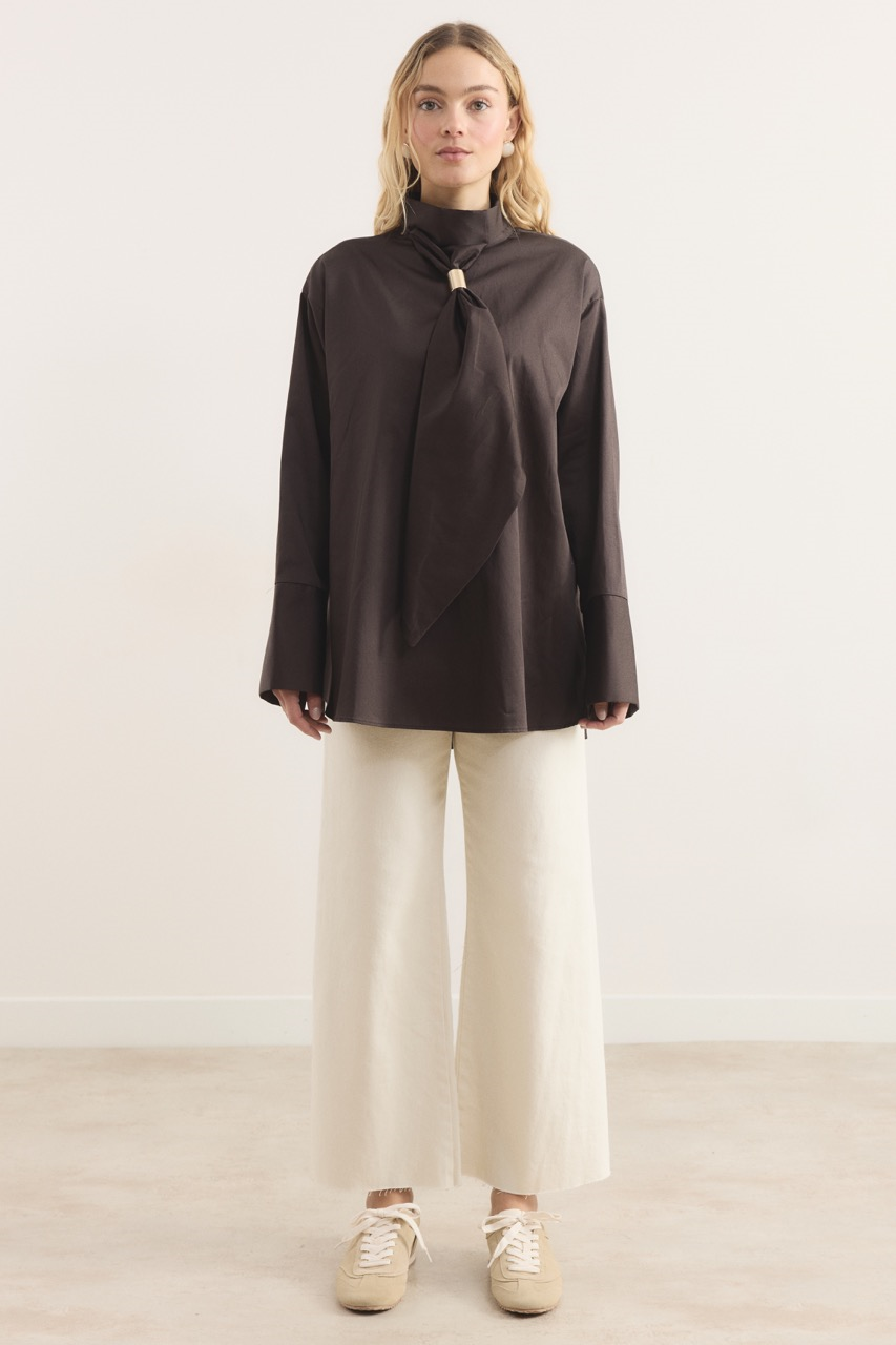 Kravat Detay Pamuk Saten Gömlek - Kahve