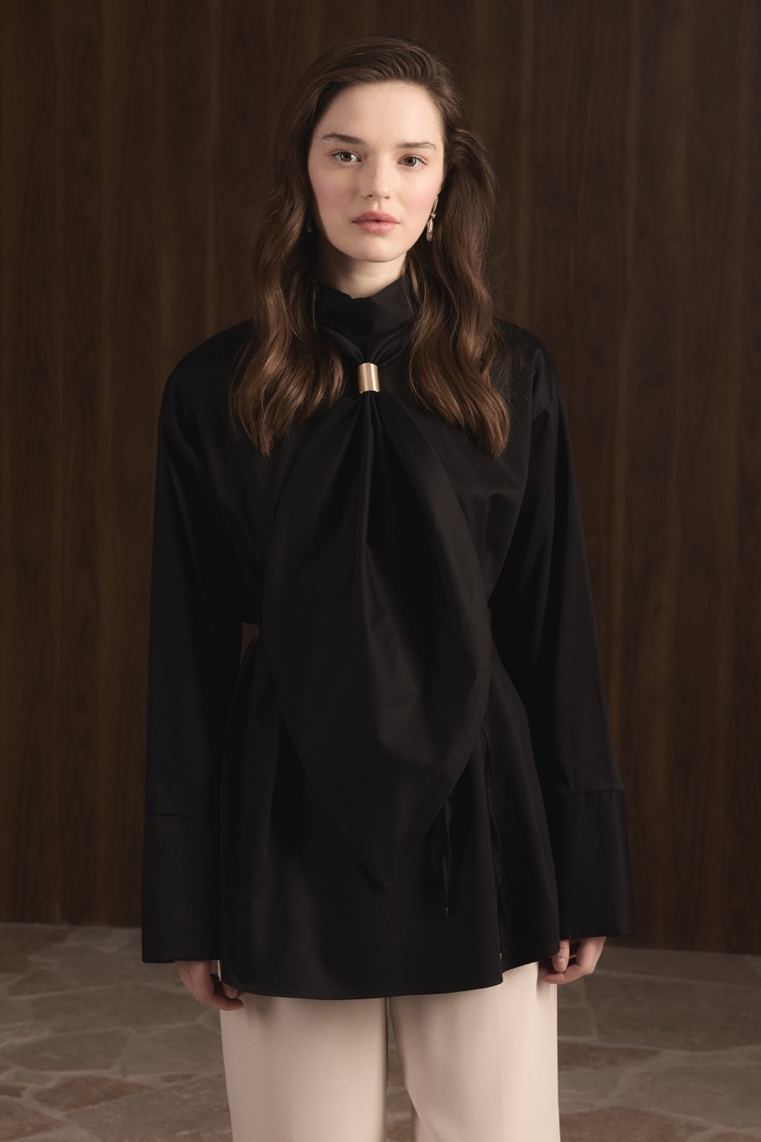 Kravat Detay Pamuk Saten Gömlek - Siyah