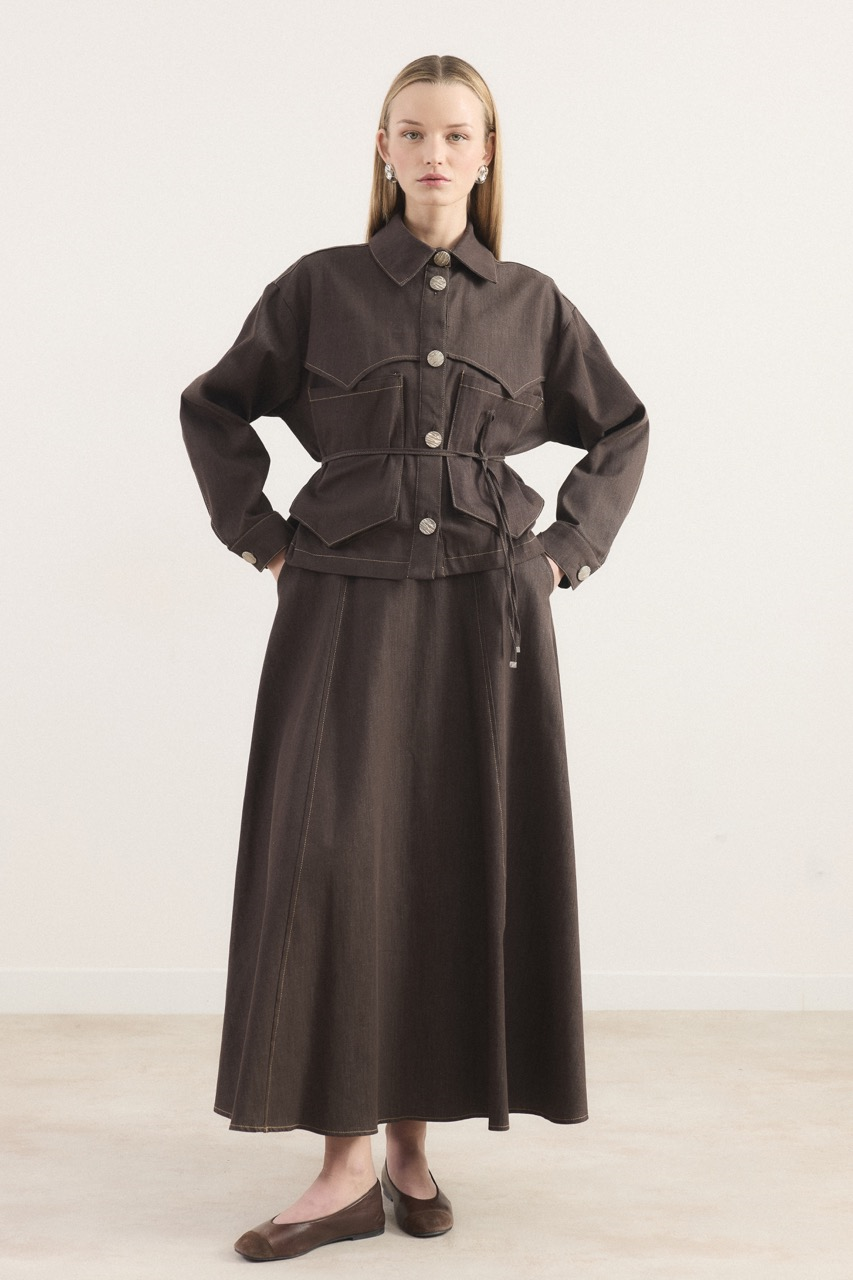 Liya Cep Detaylı Kot Etekli Takım - Kahve