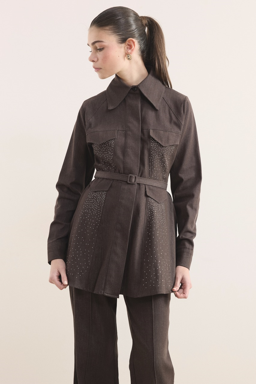 Mage Önü Taşlı Kot Takım - Kahve