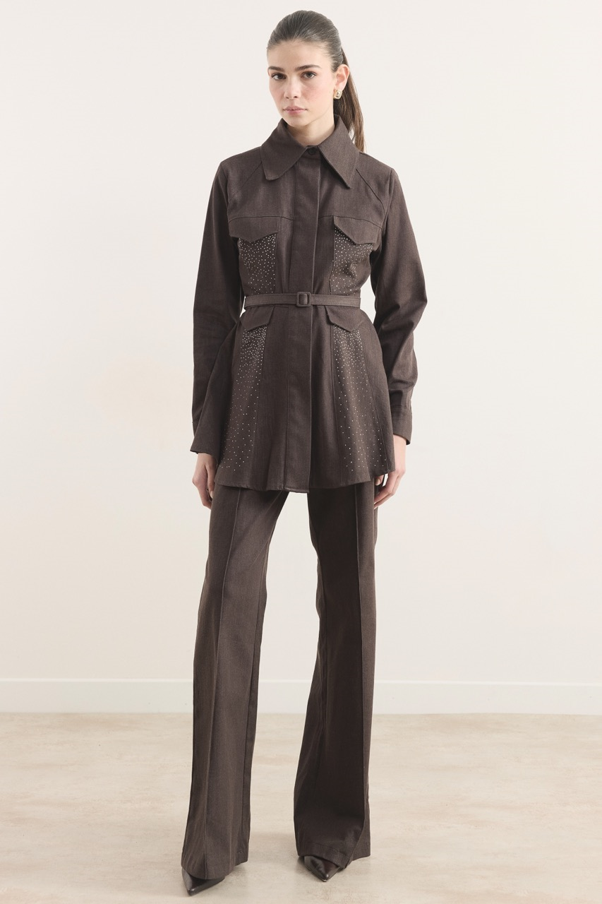 Mage Önü Taşlı Kot Takım - Kahve