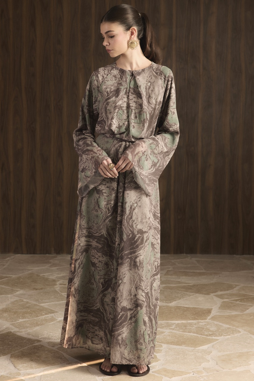 Misty Desenli Şifon Elbise - Haki