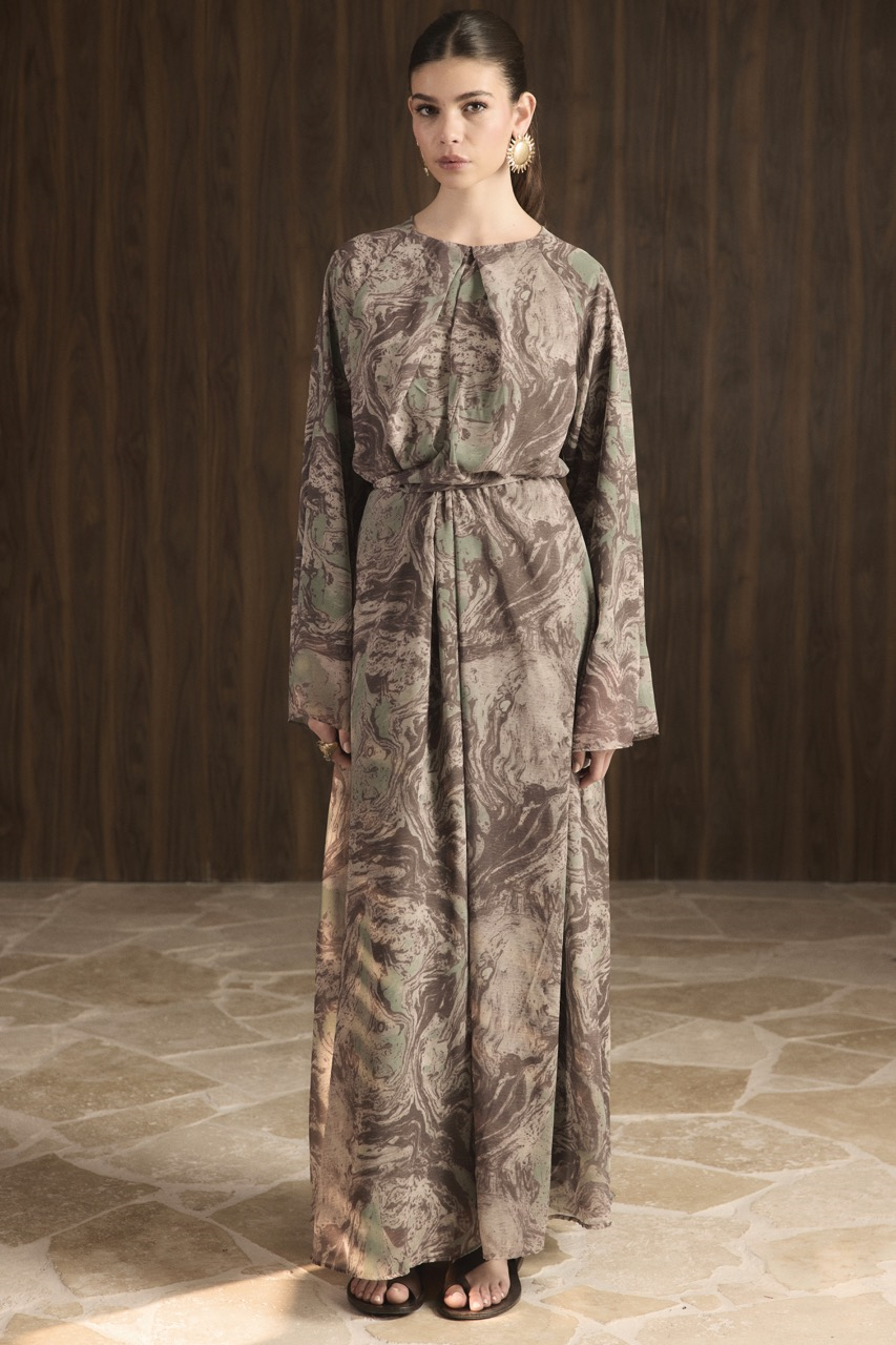 Misty Desenli Şifon Elbise - Haki