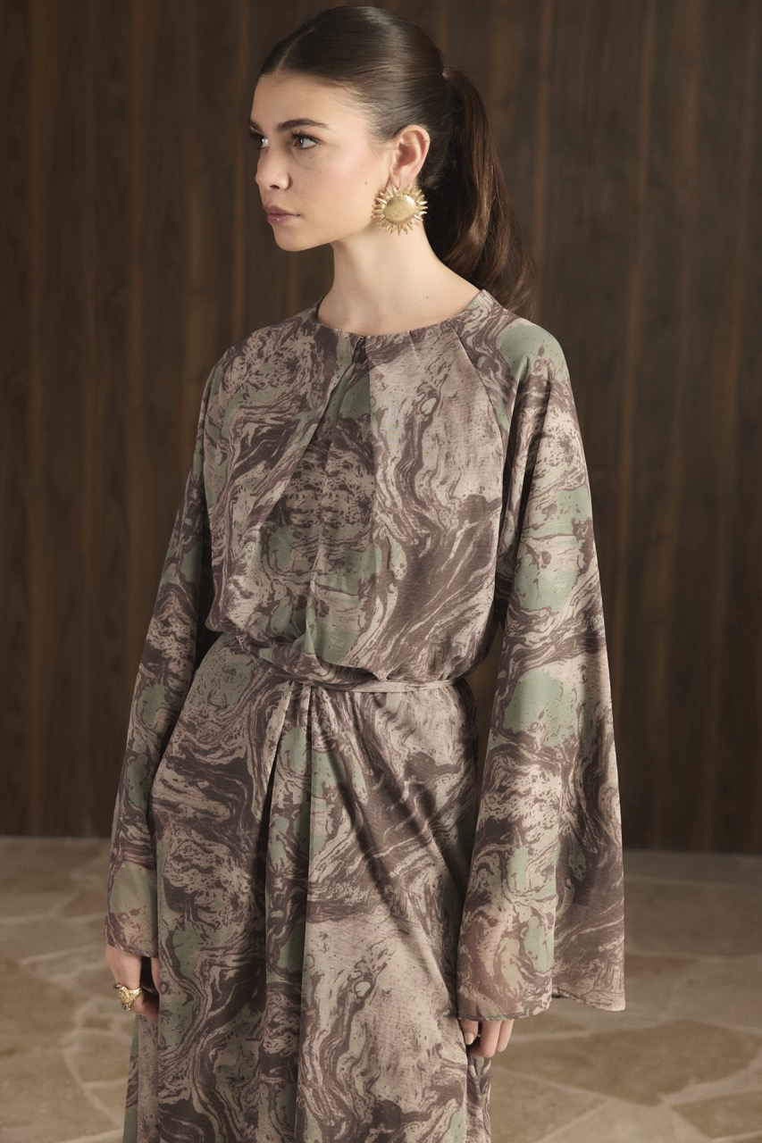 Misty Desenli Şifon Elbise - Haki