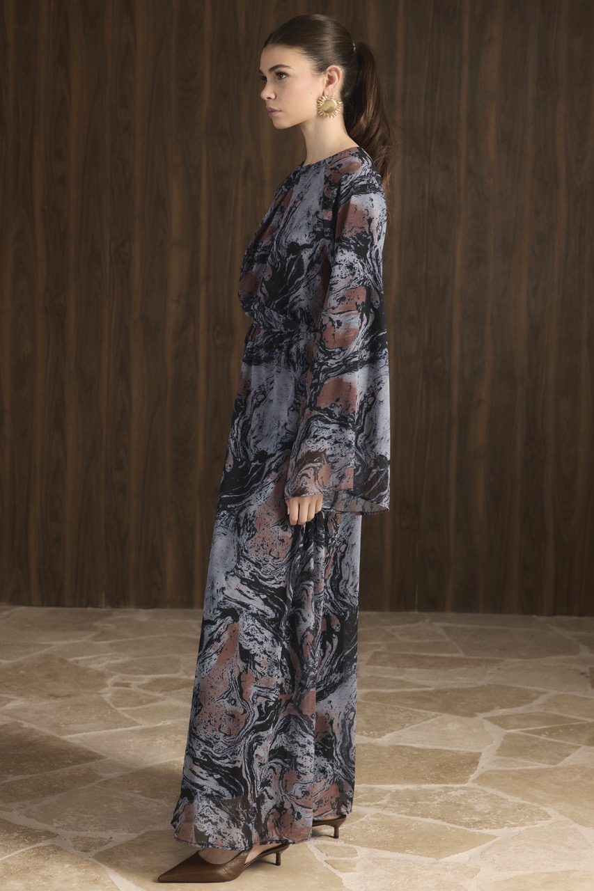 Misty Desenli Şifon Elbise - Lacivert