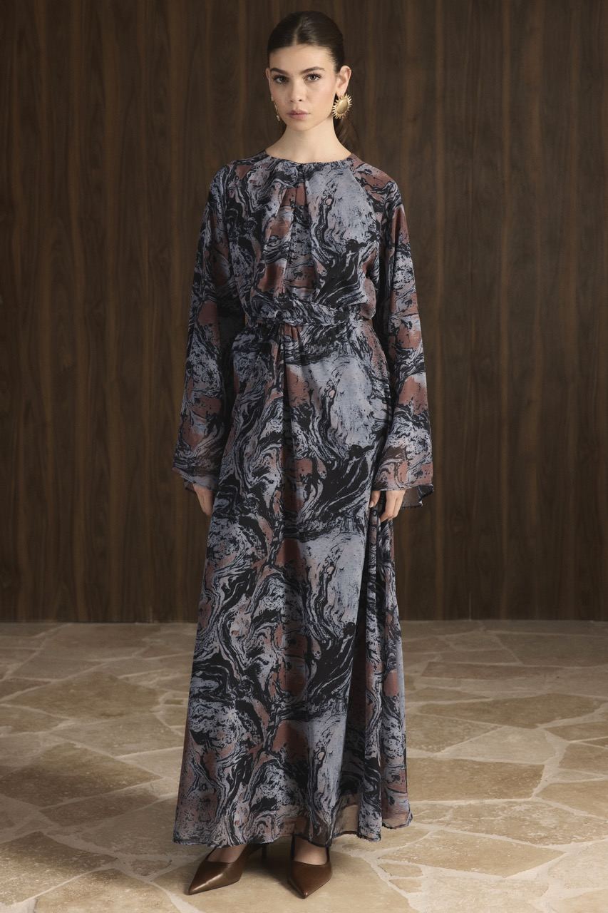 Misty Desenli Şifon Elbise - Lacivert