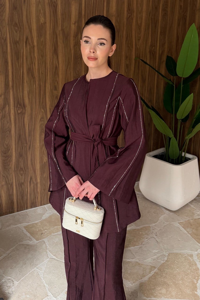 Nervür Taşlı Pantolonlu Takım - Bordo