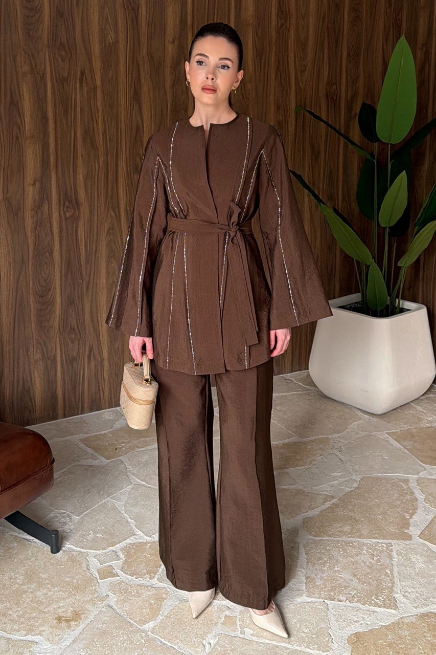 Nervür Taşlı Pantolonlu Takım - Kahve