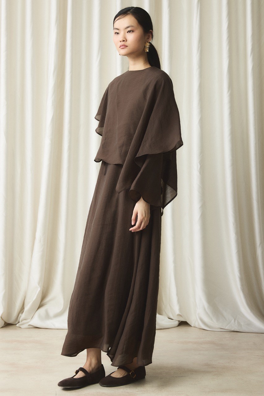 Omuz Detaylı Kemerli Elbise - Kahve