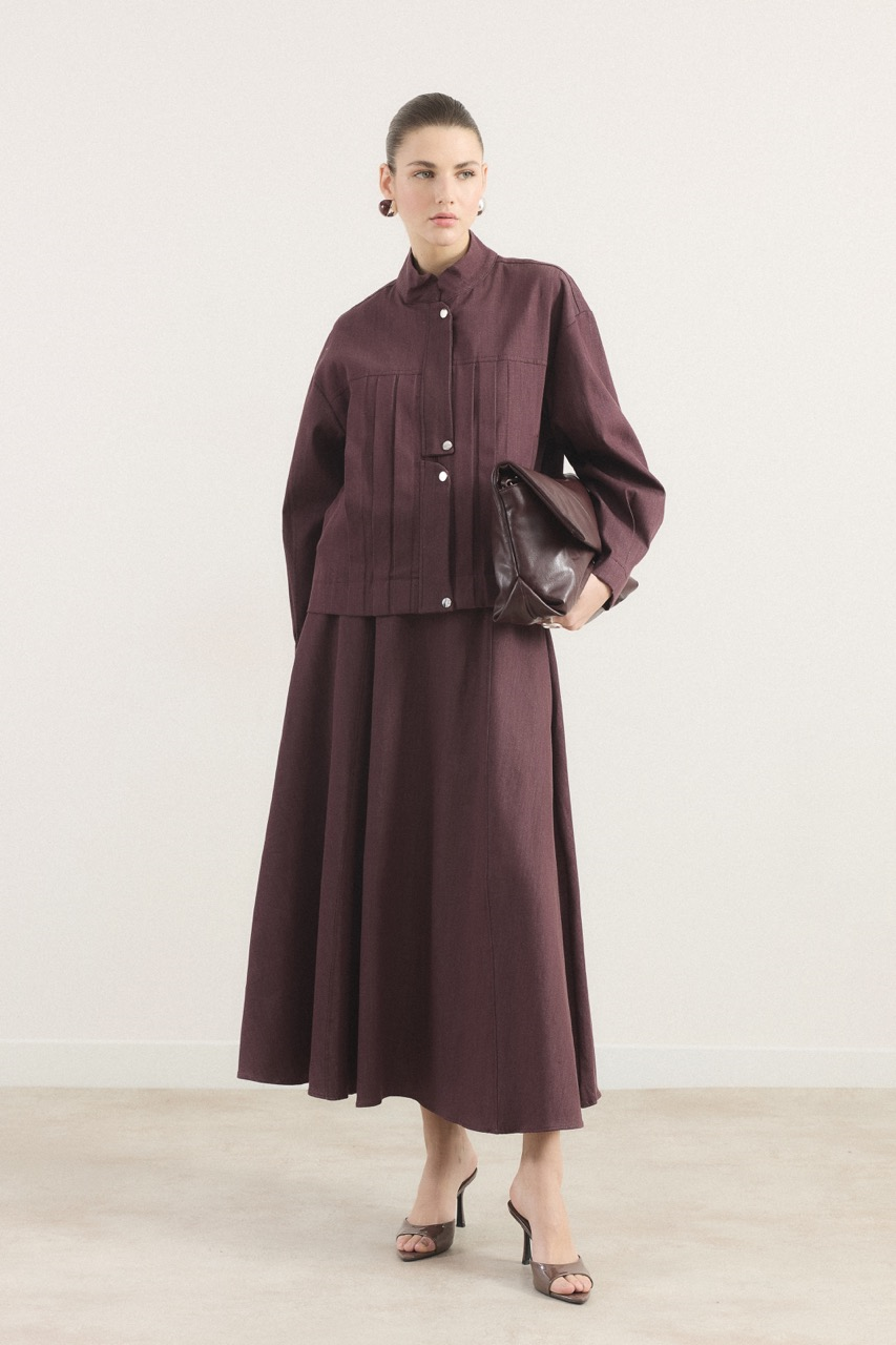 Önü Pileli Kot Takım - Bordo