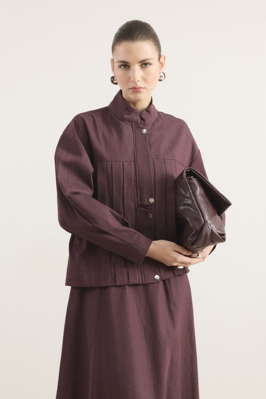 Önü Pileli Kot Takım - Bordo