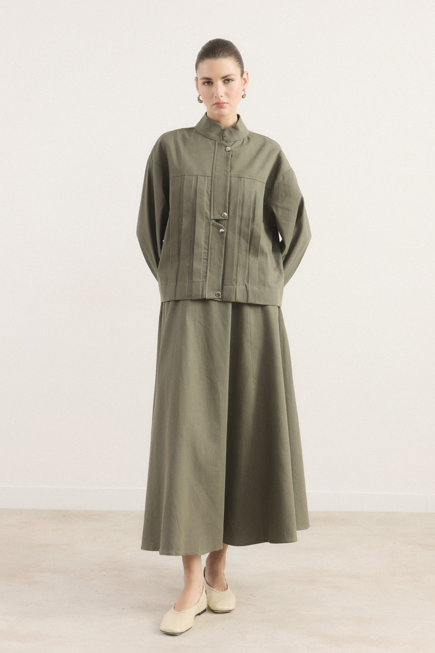 Önü Pileli Kot Takım - Haki